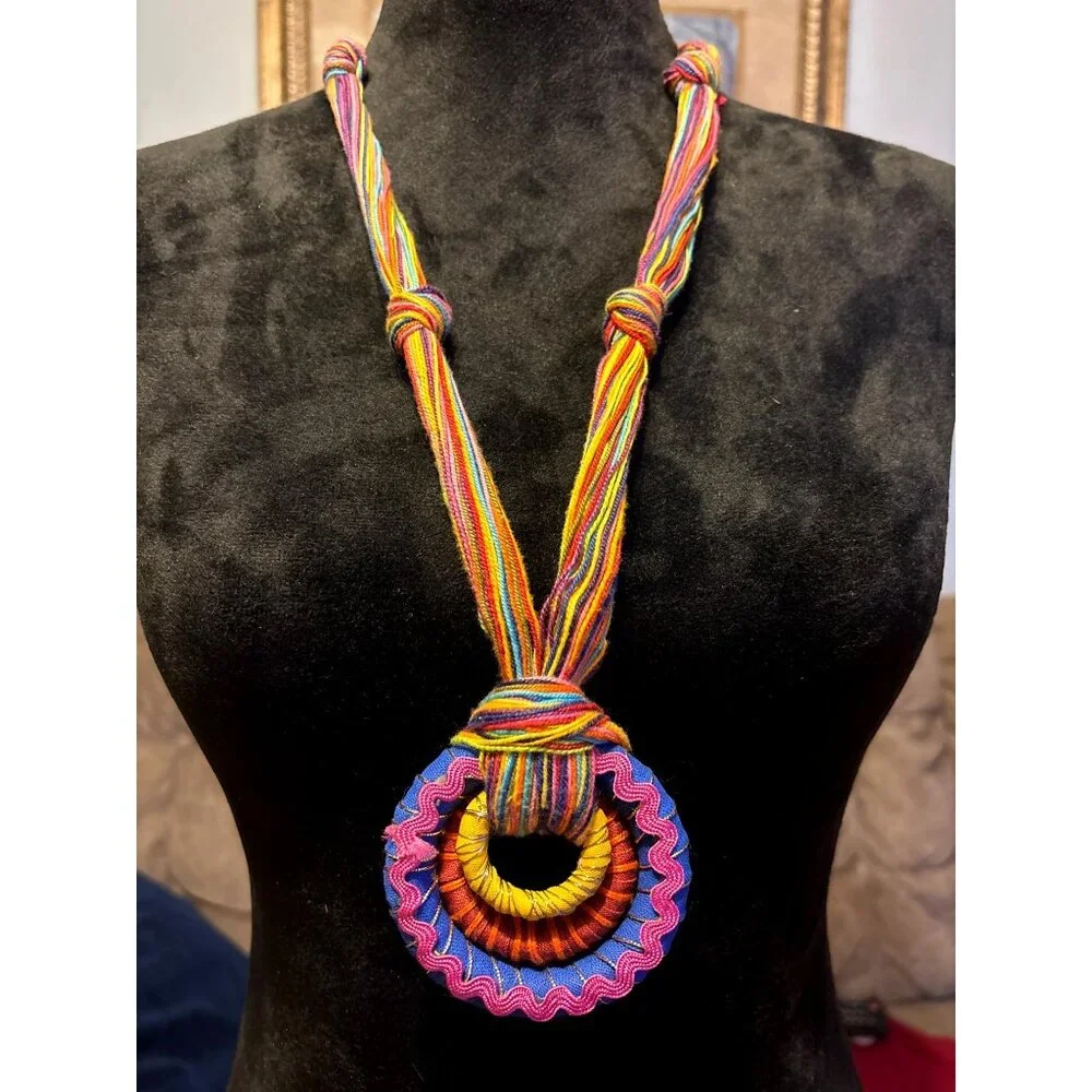 Handcrafted Rainbow Colors Statement Necklace Circular Pendant Boho Hippie Artsy
